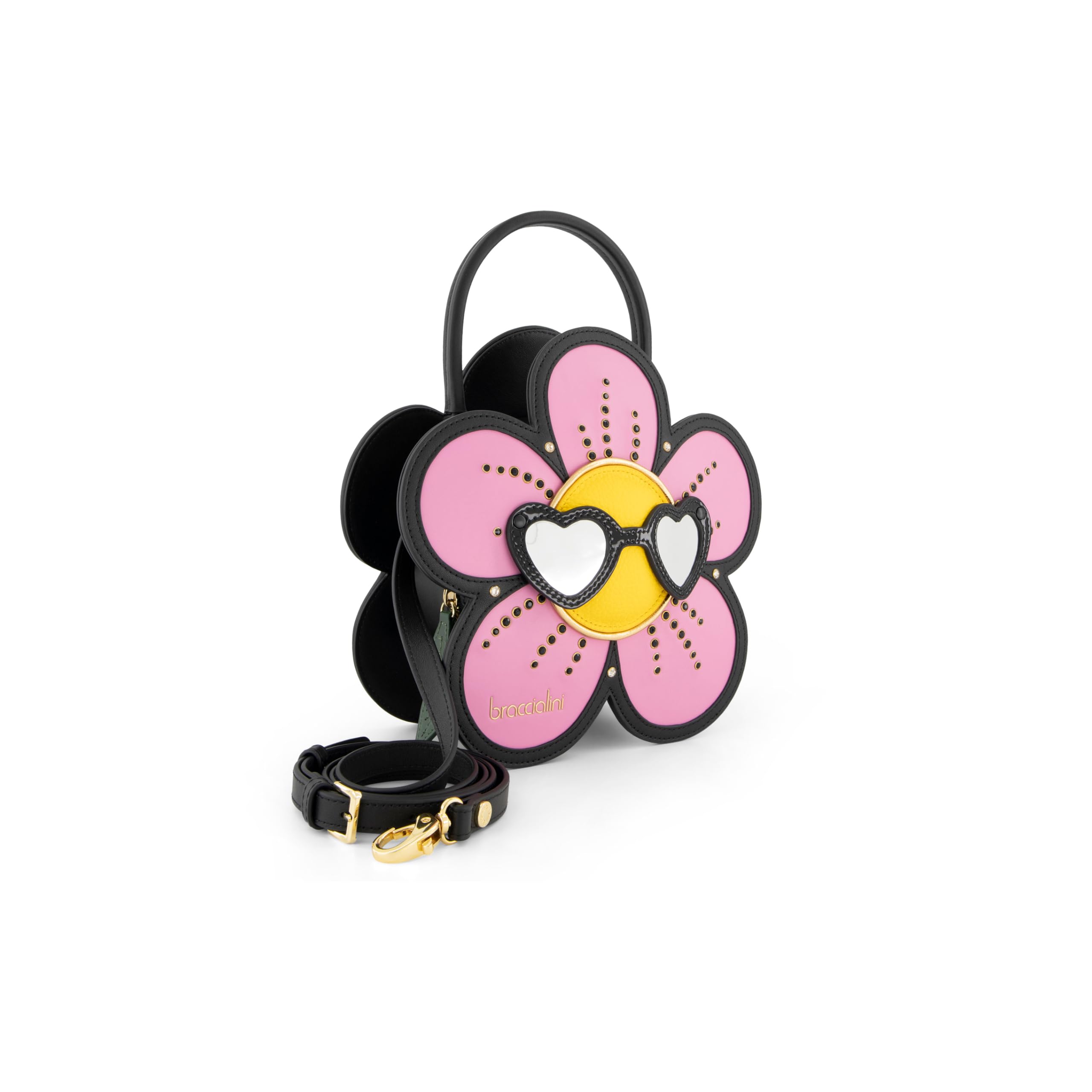 Braccialini Temini Bolso de mano de piel con silueta de margarita, diseñado para aportar un toque de ironía y color a cada look. Los pétalos rosas con detalles negros y pequeños cristales brillantes