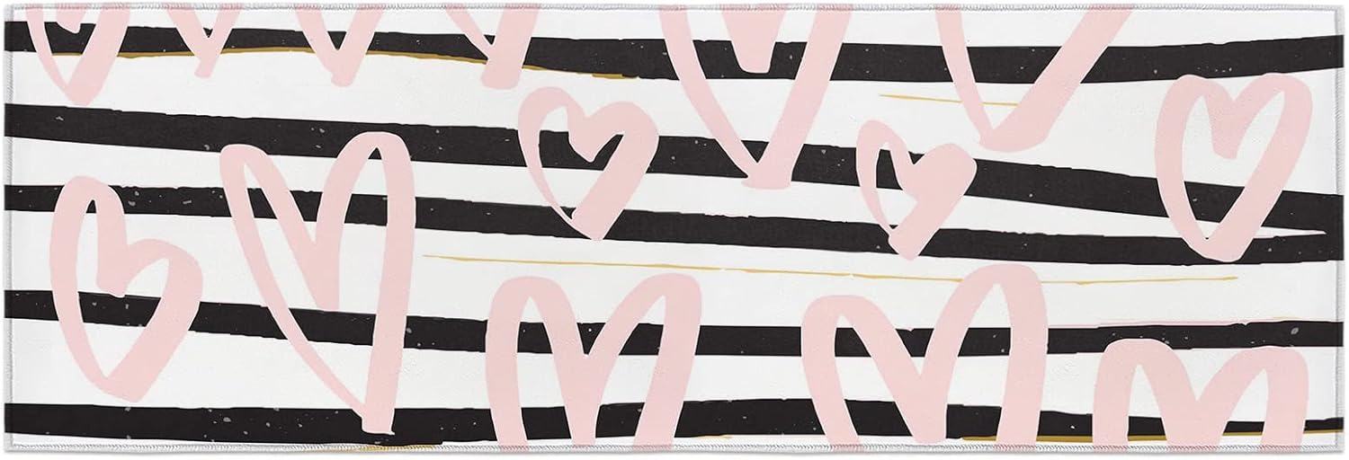 キッチンマット 台所マット 玄関マット フランネル 北欧 おしゃれ バレンタイン　ストライプ　ピンク　ラブハット 防汚 滑り止め ズ