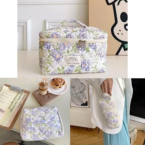 Miniatura 2 de 2 bolsas de maquillaje floral estéticas para mujeres, bolsa acolchada de gran capacidad para artículos de tocador cosméticos, bolsa de viaje pequeña