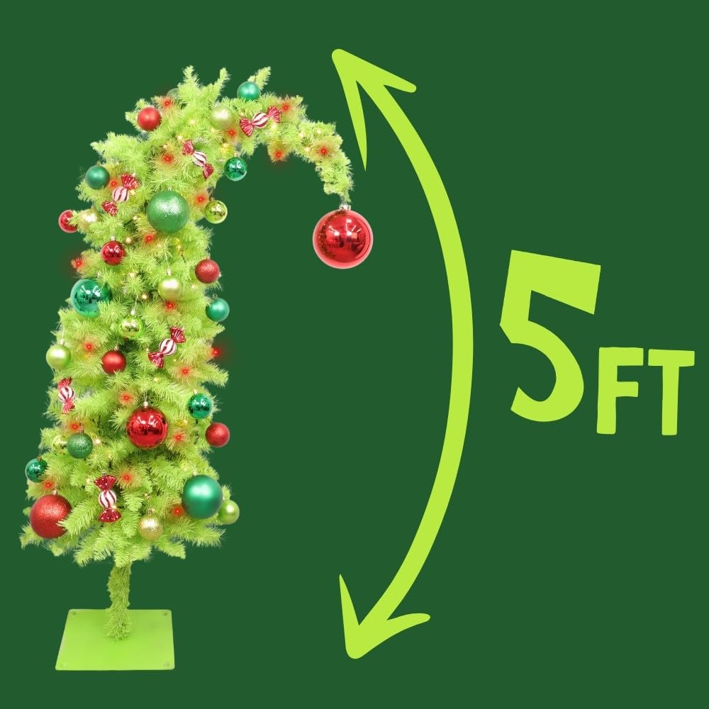 Christmas Concepts® Sapin de Noël Vert pré-éclairé de 1,5 m (5 pi) avec Boule Rouge géante - 8 Fonctions 130 lumières LED Blanc Chaud & Rouge - Arbre Artificiel incurvé