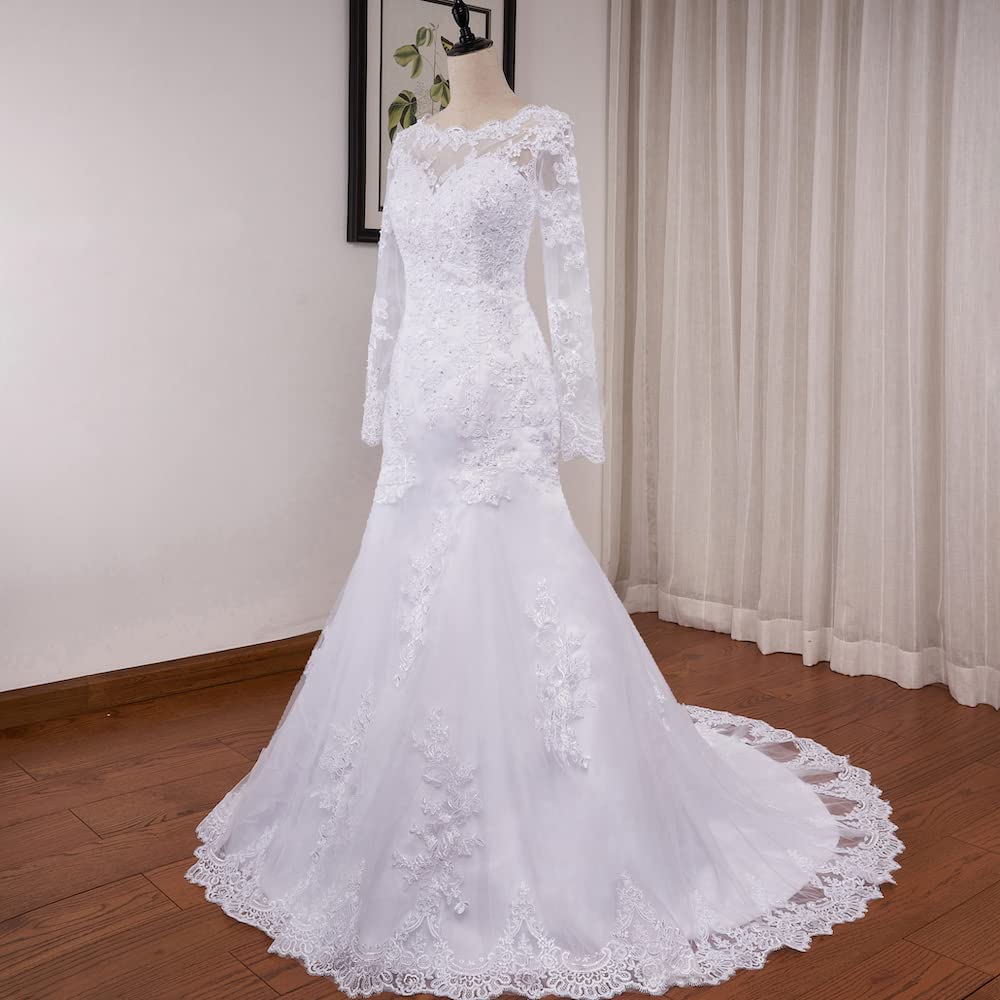 Robe de mariée sirène Manche Longue col Rond Perles Dentelle Grande Traine Robe de Mariage Me-0325