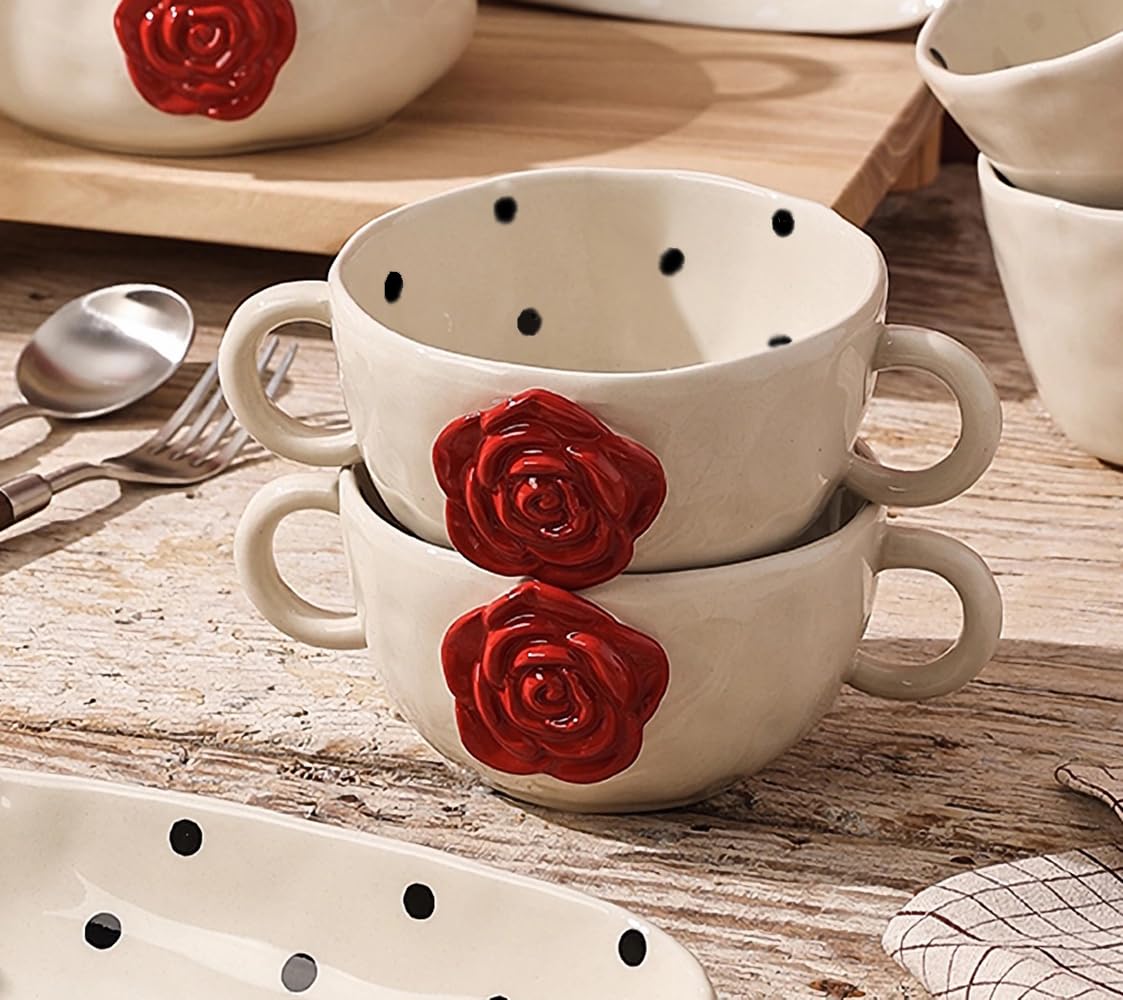 Amazon.com | FEEGAVE Polka Dots Double Handle Soup Bowl, Flower