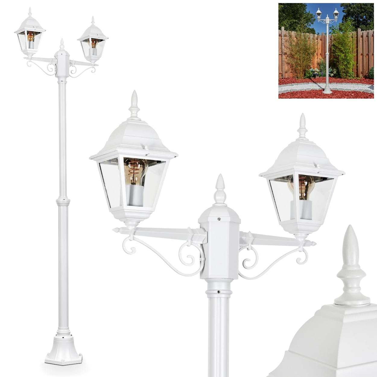 Lampa drogowa zewnętrzna Hong Kong, lampa ścieżki z metalu/szkła w kolorze białym/przezroczystym, kandelabr w antycznym stylu, wysokość maks. 220 cm, oświetlenie ogrodowe IP44, 2 x E27, bez żarówki