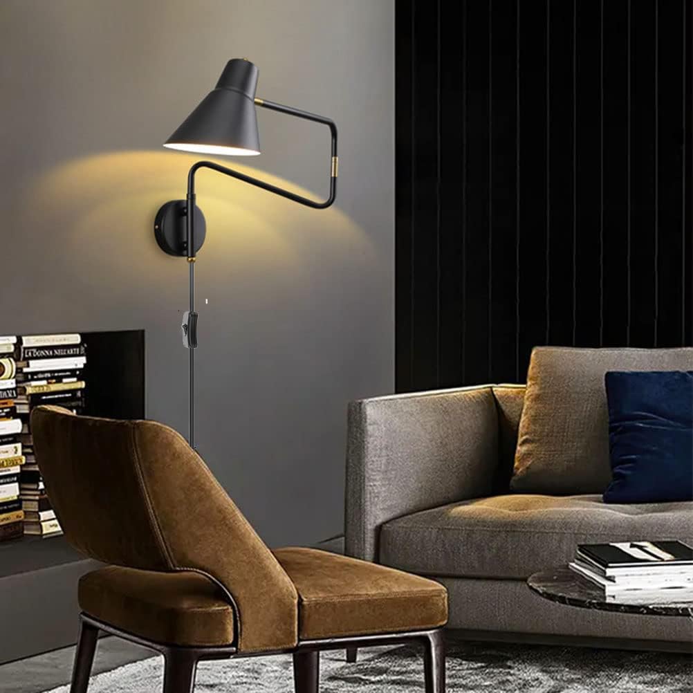 Schwenkarm Wandleuchte mit Schalter und Stecker Schwarz Wandlampe Retro Industrie Verstellbare Langearm Wand Leselampe mit Kabel Innen E27 Nachttischlampe für Schlafzimmer Wohnzimmer
