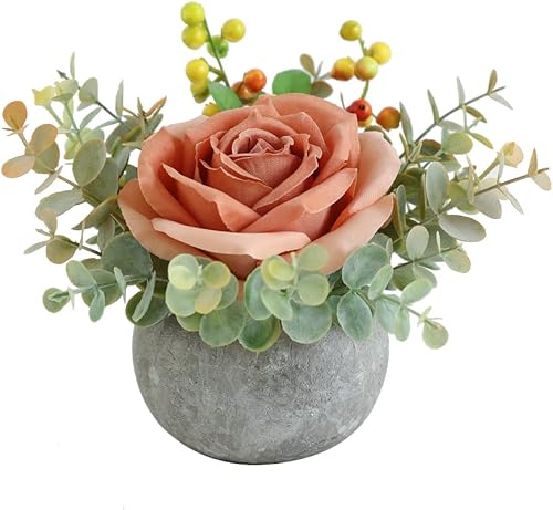 Kit de flores artificiales con maceta, combinación de rosas naranjas de seda falsas y vegetación, decoración pequeña en maceta para oficinas,