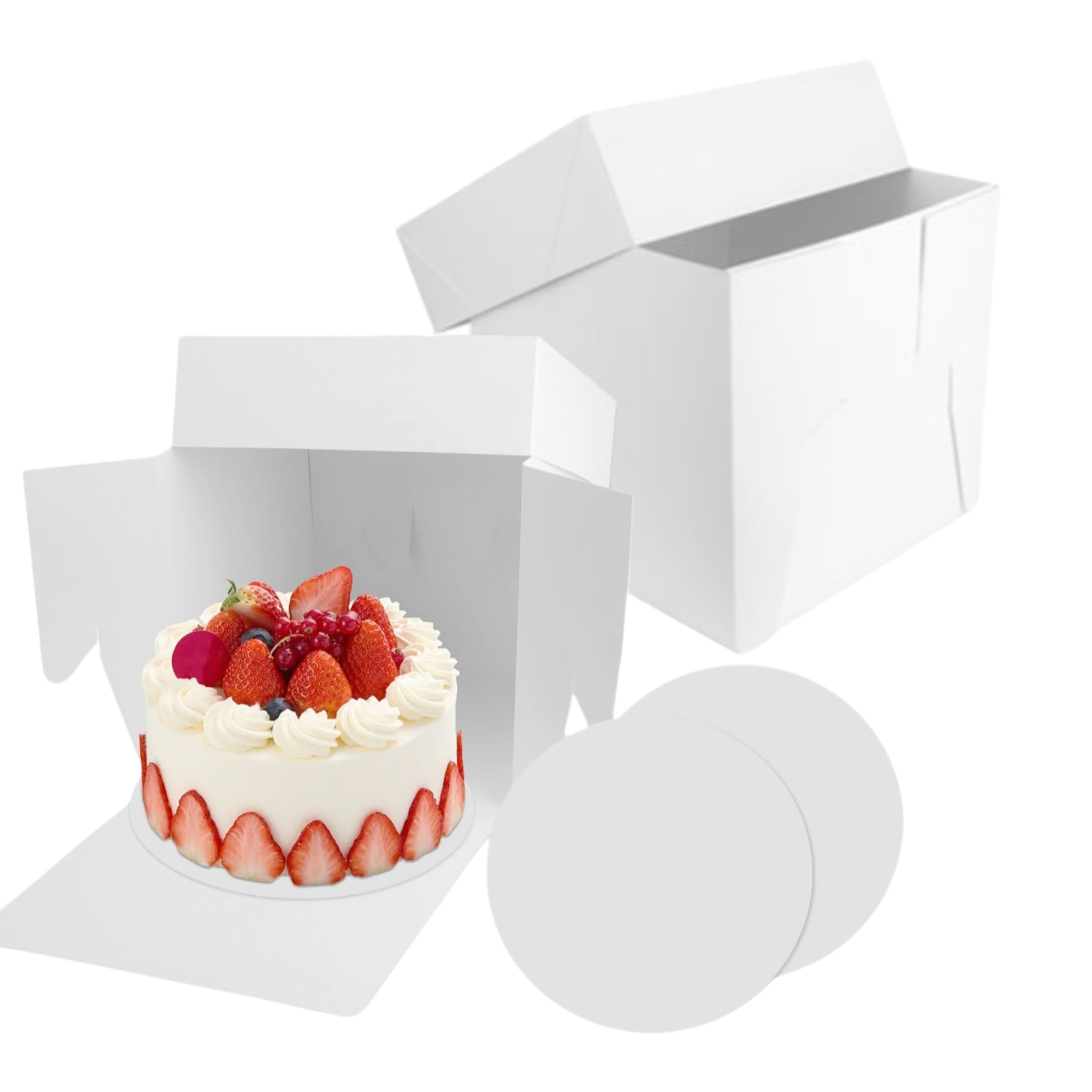 Zestaw pudełek na tort, 2 sztuki, wysokie 30 x 30 x 20 cm, z paterą na tort, białe pudełko transportowe na tort, pudełko na tort, pudełko na tort 30 x 30 cm z satynową tasiemką i naklejkami, pudełko
