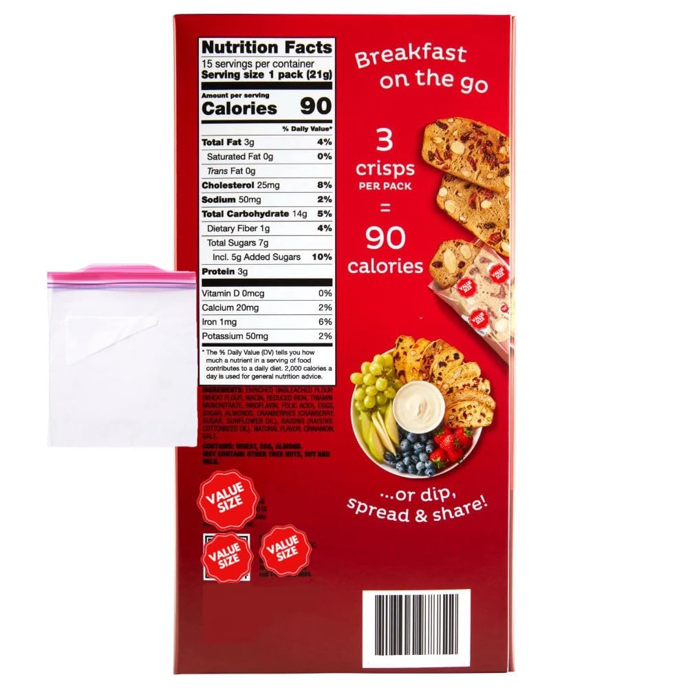 Noniis Cranberry Almond Crisps 15 pk. 11.1 oz w/A Storage Bag