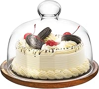 QWORK 7-Inch Glass Dome Cloche with Acacia Wood Tray - Elegant Cover for Cakes, Cheese & Table Displays