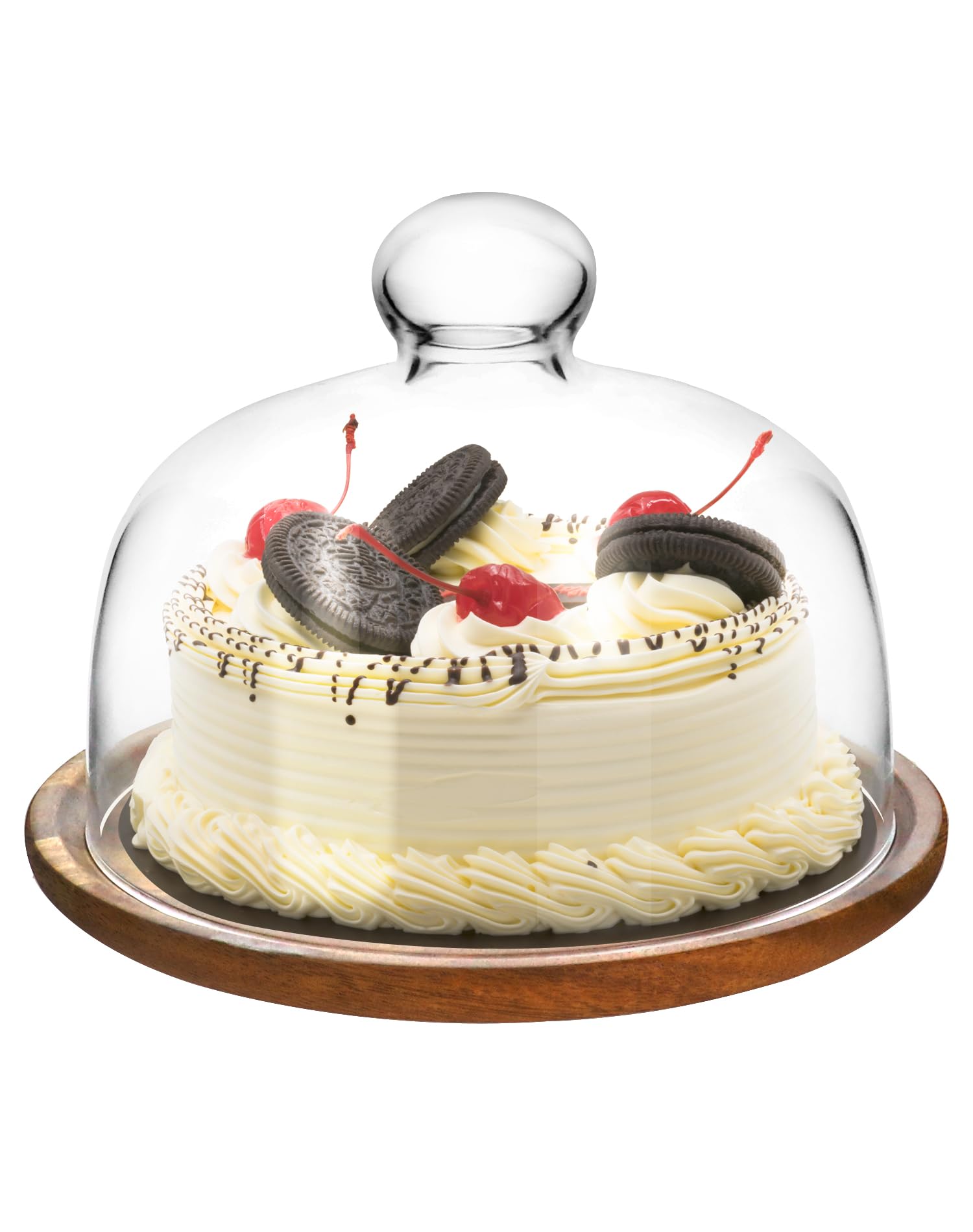QWORK Glasglocke mit Tablett aus Akazienholz, 17,8 cm Durchmesser, Dessert- und Käse-Displayabdeckung mit Knaufgriff für einfachen Zugriff, vielseitige Servierplatte für Unterhaltung und Dekoration