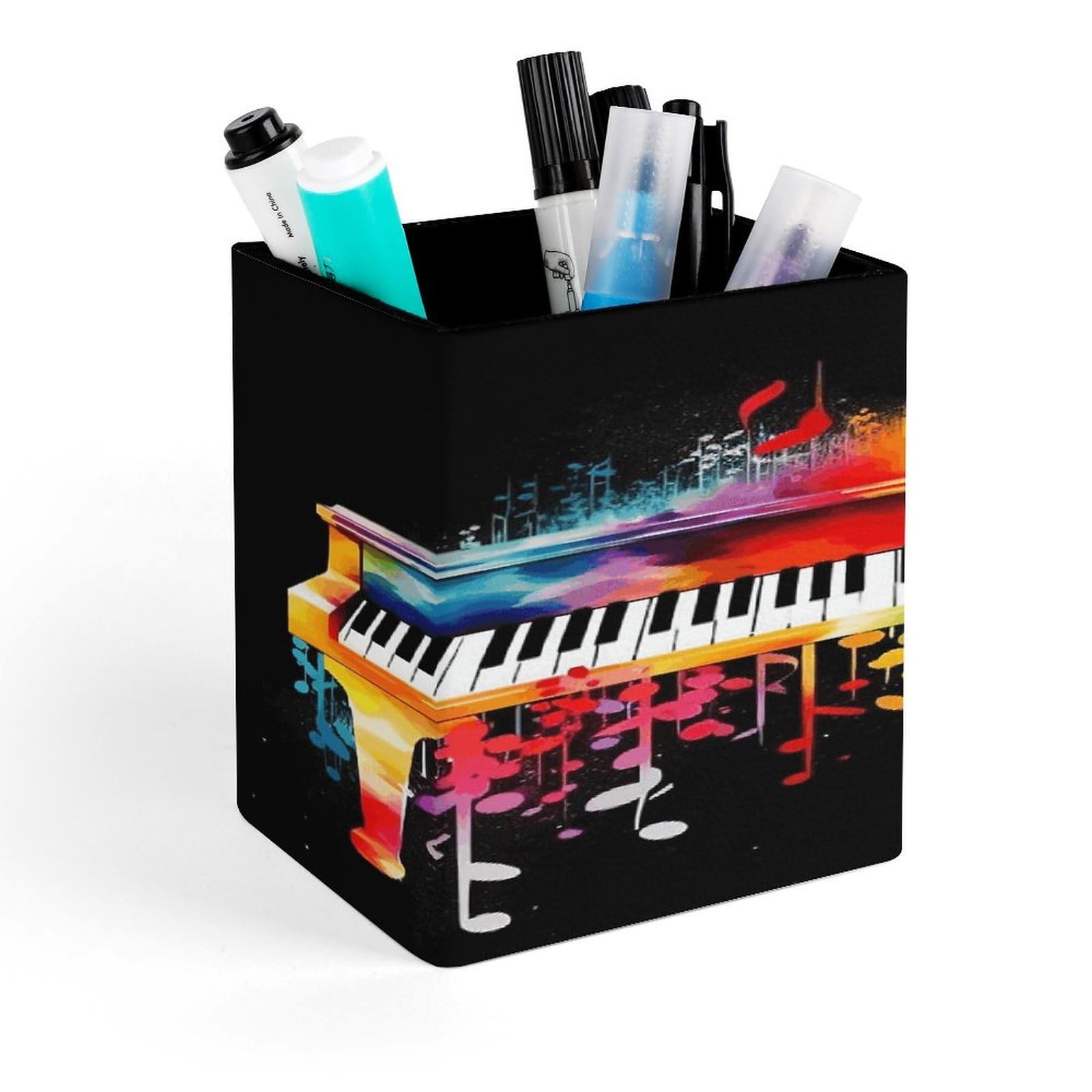 LZQPOEAS Colorful Piano Keyboard Music Note Square Pen Pencil Holder PU Leather Pencil Cup Desktop Stationery Organizer Office Accessories Container
