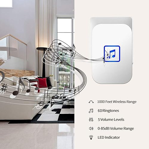 Miniatura 2 de Timbre inalámbrico, timbre de puerta con 60 melodías, receptor enchufable, 4 niveles de volúmenes y flash LED, fácil configuración para el hogar y