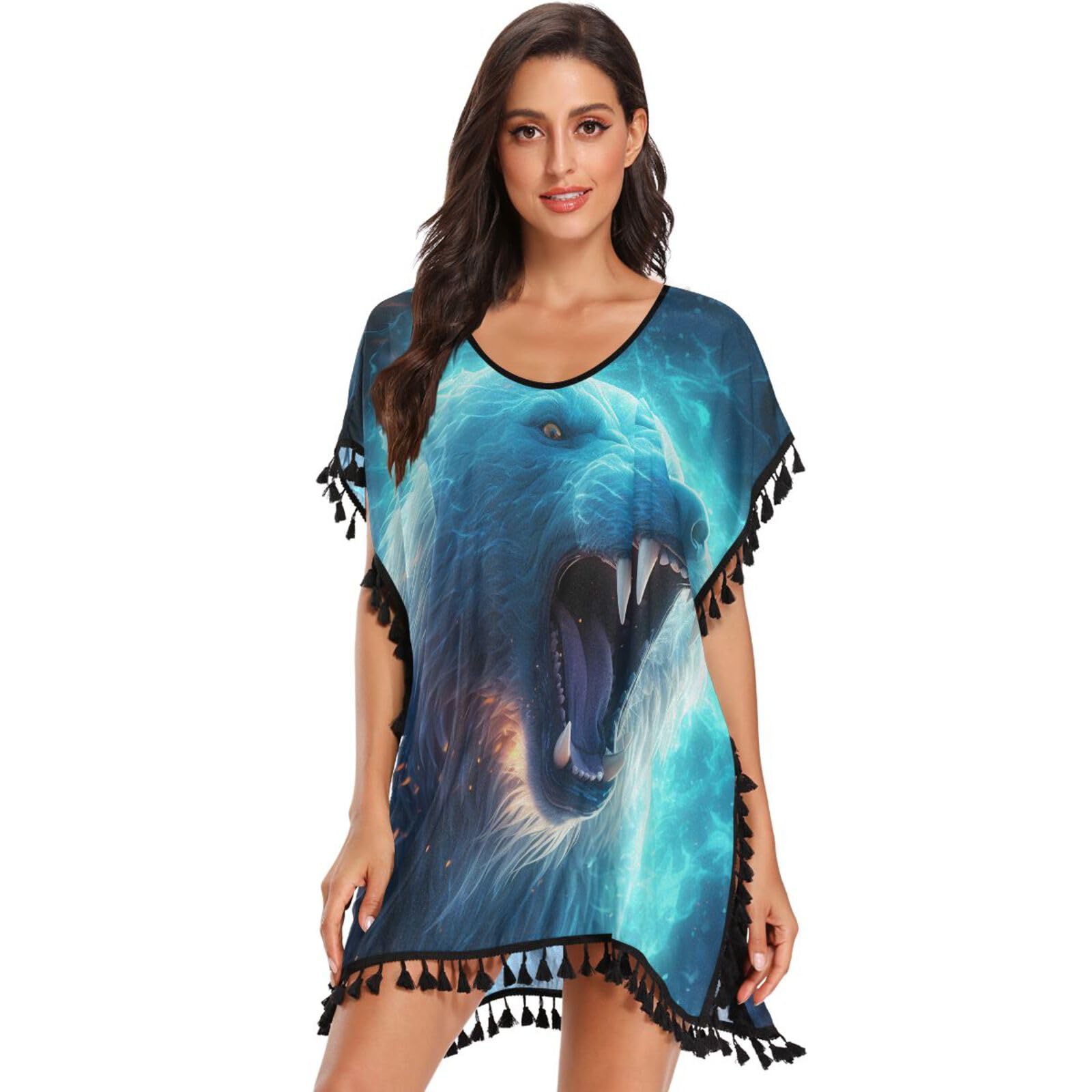 Fired Blue Polar Bear Women's Beach Cover Up Chiffon Tassel Swimwear Swimsuit Coverups for Girl