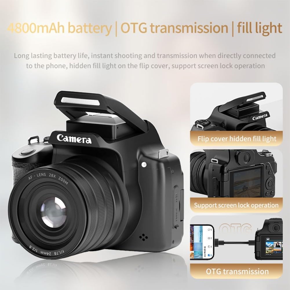 Fotocamera digitale 4K da 68 MP, zoom 28x, fotocamera compatta per vlogging per principianti, studenti, vacanze, colore nero