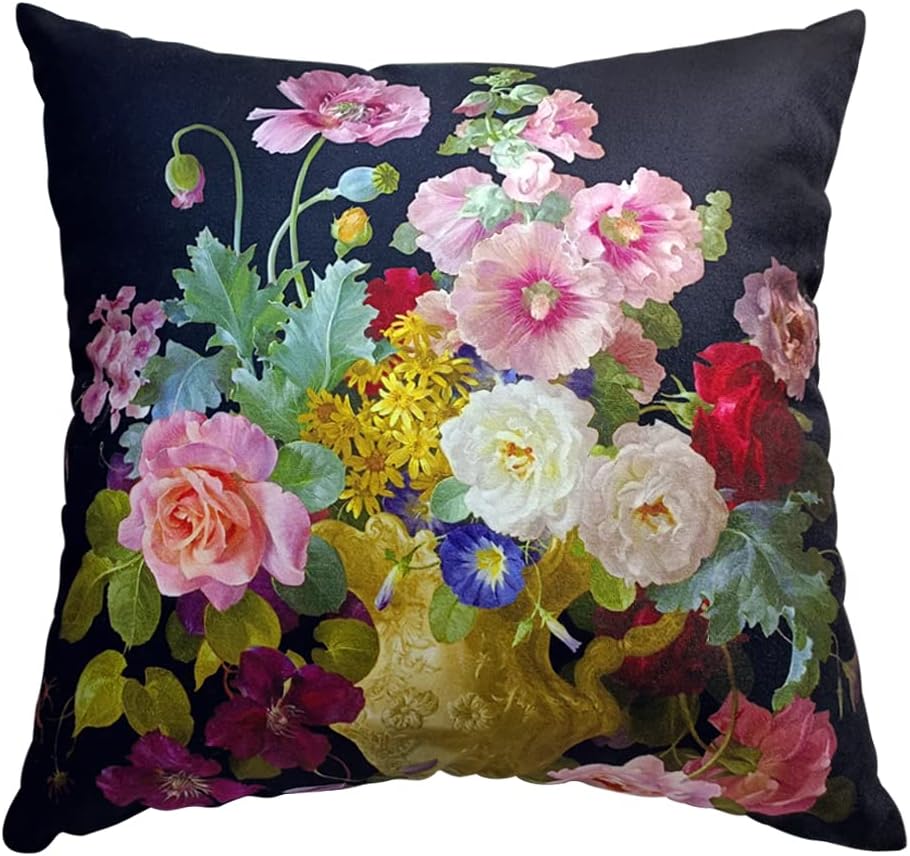 Floral Pillow Cover 26x26 Inch, Vintage Oil Painting Flower Bouquet in Vase on Black Background, Double-Sided Decorative Throw Pillow Case with Invisible Zipper for Living Room, Sofa, Bedroom
