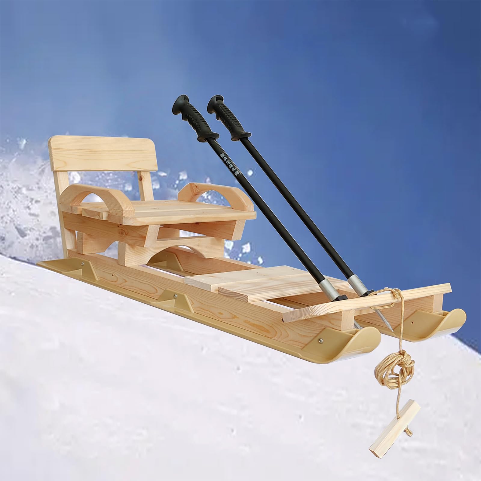 Luge à neige, pour enfants et adultes, luge à neige en bois pour enfants avec dossier et corde de traction, planche de ski en bois, planche à roulettes pour la neige en plein air, planche de ski
