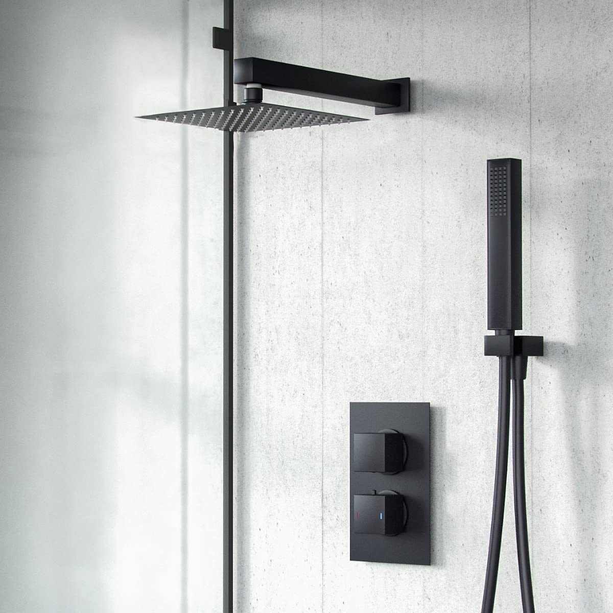 Matte Black 2 Dial 2 Outlet Square Concealed Thermostatic Mixer Valve - Shower Head & Handset - Nes Home