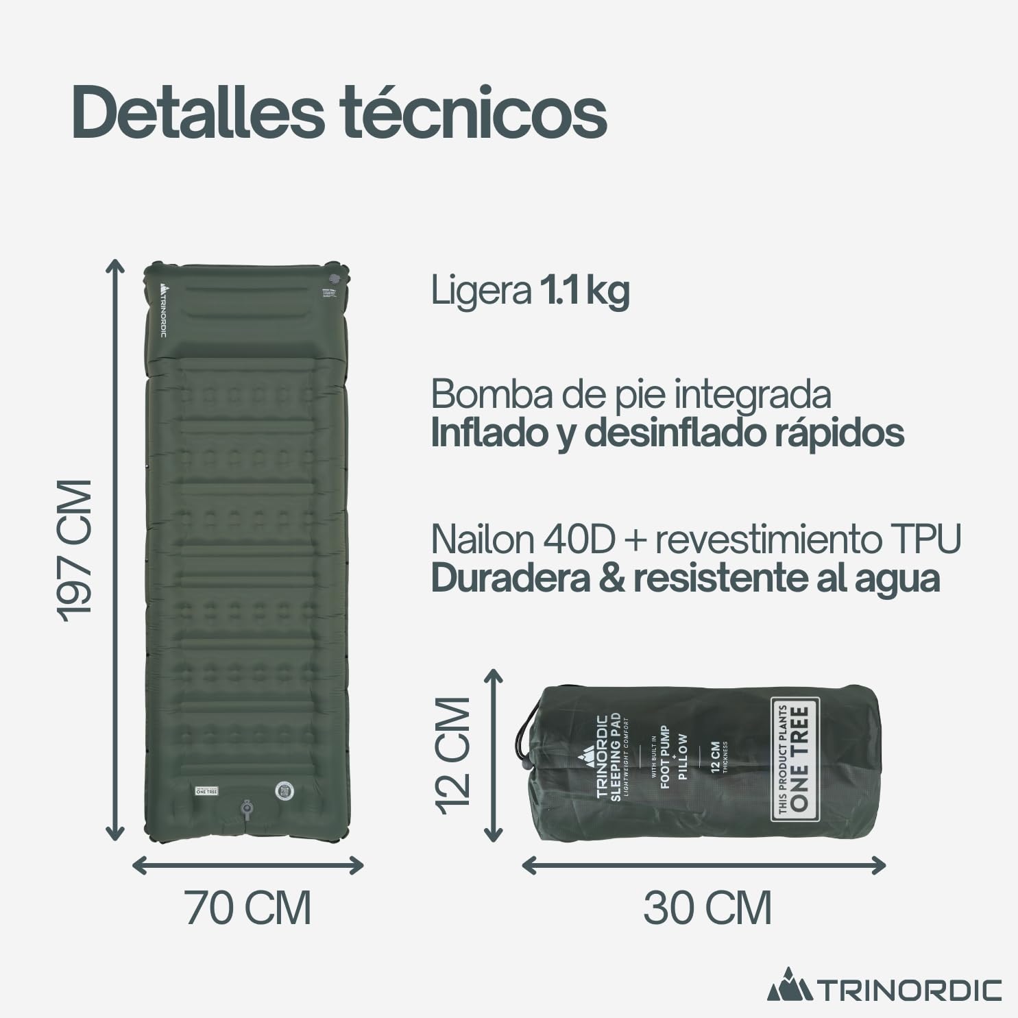 Trinordic Colchon Hinchable Grueso Camping - 12 cm Extra Grueso y Ancho con Bomba de Pie y Almohada - Esterilla de Camping Ligera para Viajes de Aventura al Aire Libre, Senderismo y Bikepacking
