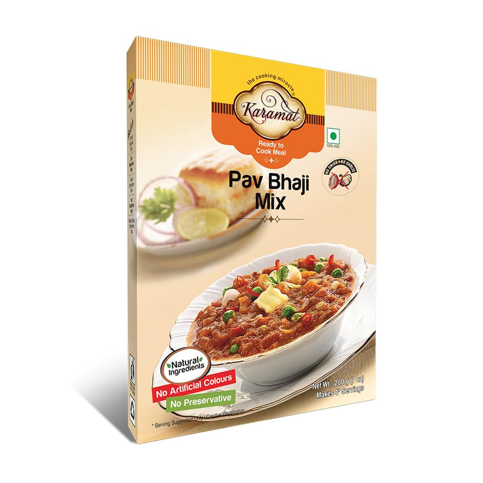 Karamat - Ready To Cook, Jain Pav Bhaji Mix Pack of 1 (200 gm, Veg, Upto 4* Servings), No Onion-No Garlic, No Preservatives & Artificial Colours, Magic Masala Powder, Sabji Masala, MYO