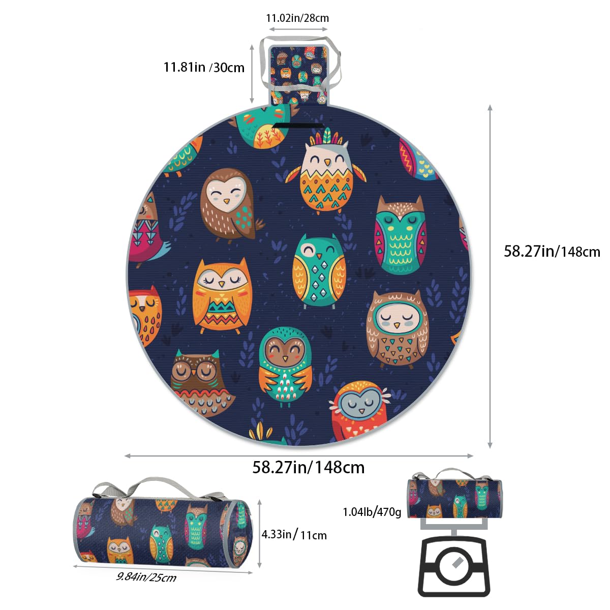 Shimoshe Indian Ethnic Tribe Animal Owl Picnic Outdoor Blanket Foldable Waterproof Sandproof Beach Blanket Portable Water-Resistant Round Picnic Mat for Travel Camping Park Lawn