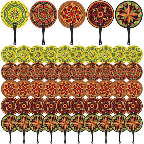 Roowest 50 Pcs African Plastic Fans 5 Styles African Party Favors Bulk Round Handheld Fans for Women Summer Wedding Birthday Party Gifts Community Supplies