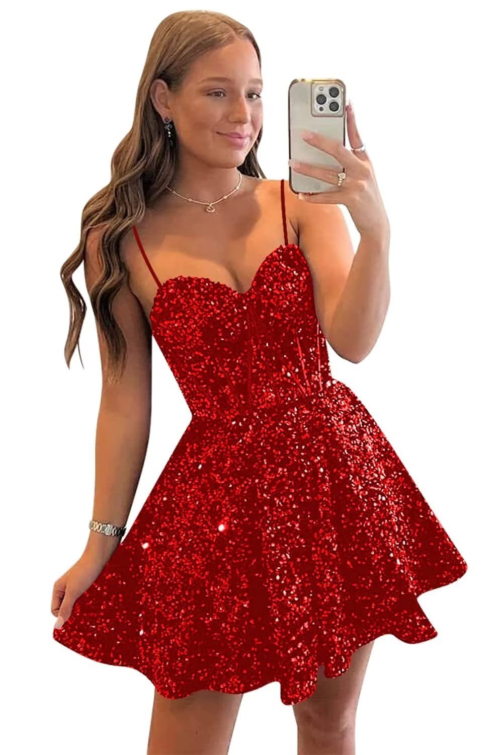 XijunSequin Homecoming Dresses Short for Teens Sparkly Spaghetti Strap Prom Dress Cocktail Party Gown