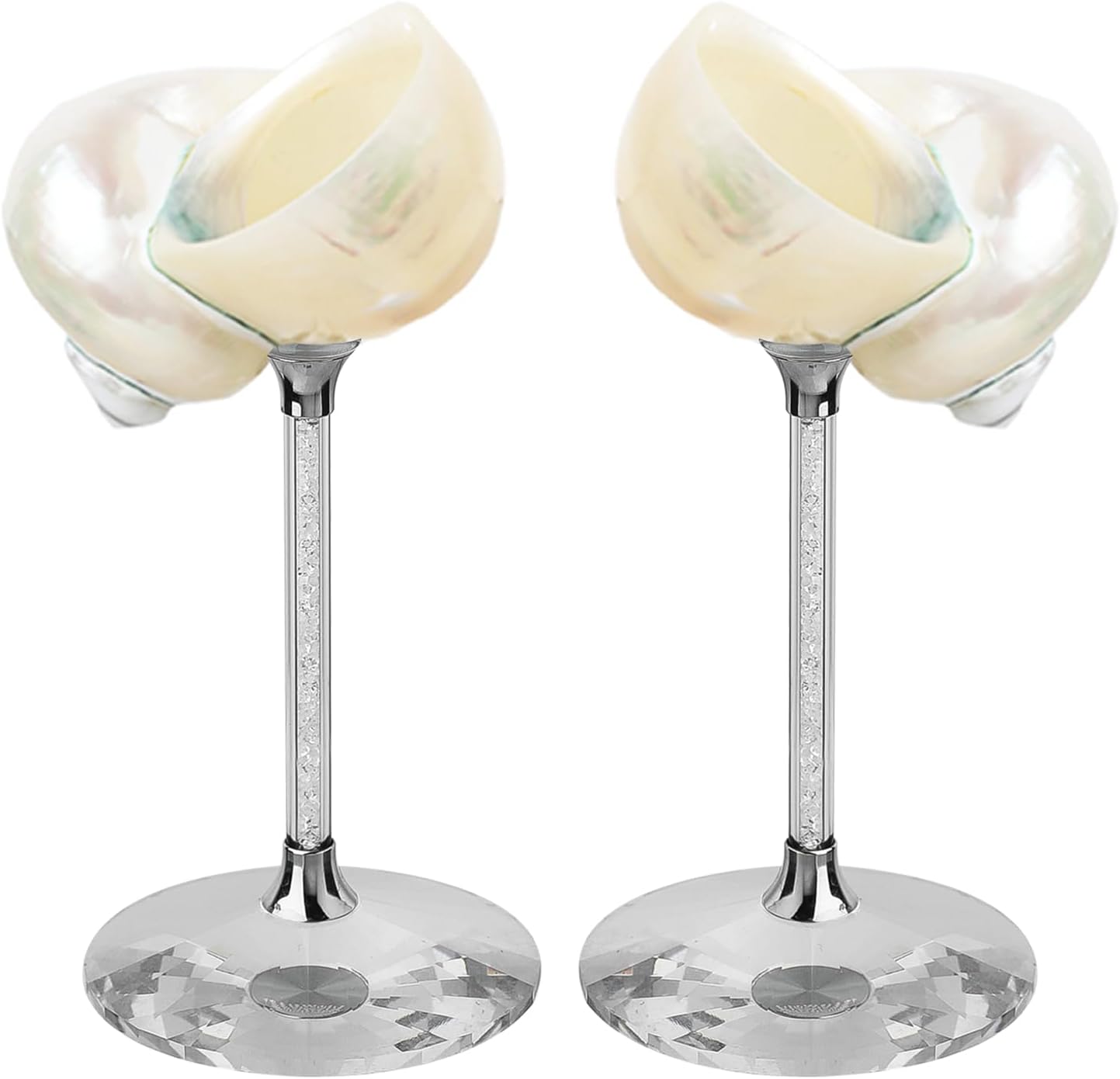 Set of 2 White Conch Shell Wine Glasses, Glass base, Rhinestone filled hollow handle, natural shell cocktail glass Martini glass party drinking highfoot, Wedding gift (White 2pcs)