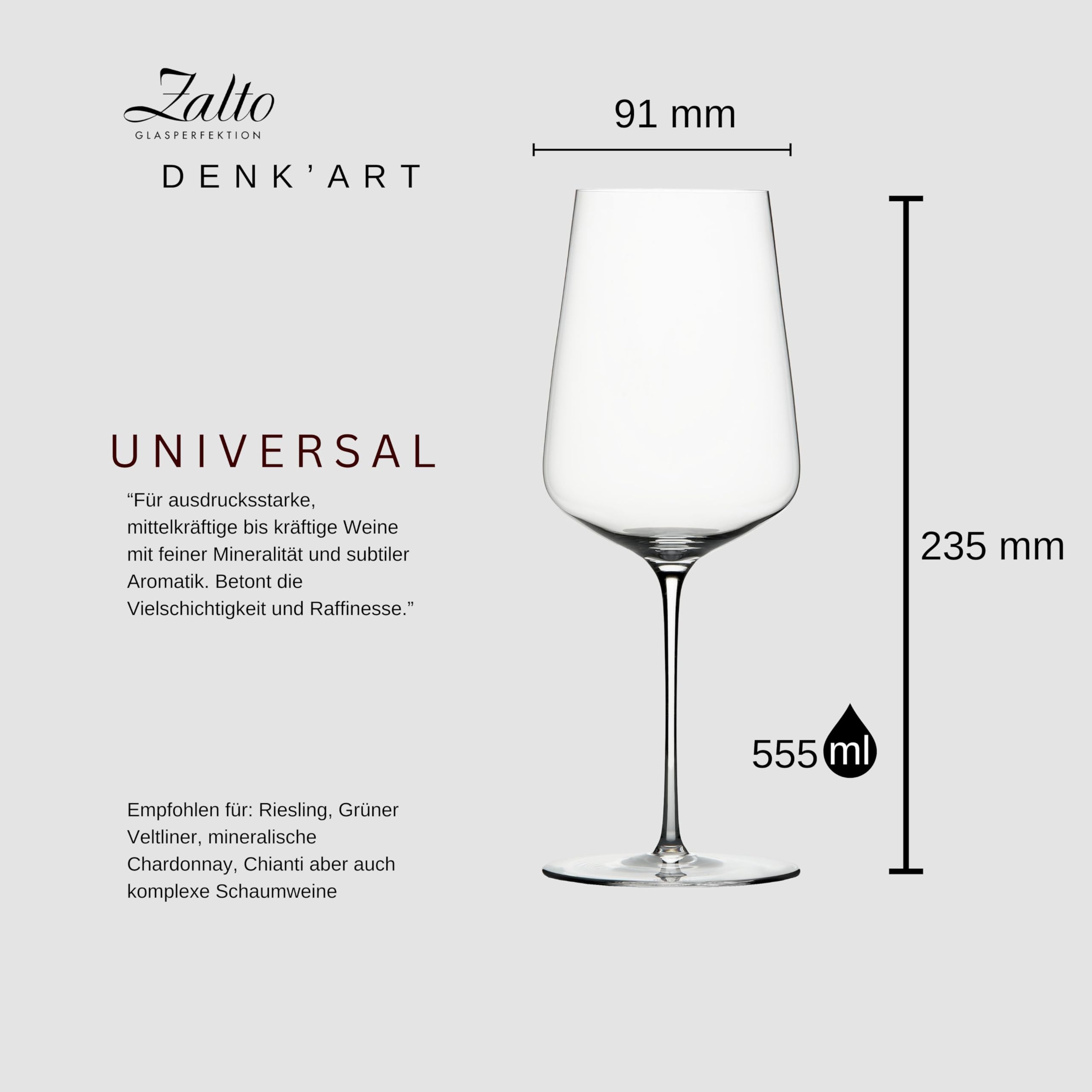 Palatina Werkstatt ® Zalto Denk'Art Set di 2 bicchieri universali in confezione regalo | bicchieri da vino soffiato a bocca, lavabili in lavastoviglie + panno speciale per la pulizia dei bicchieri