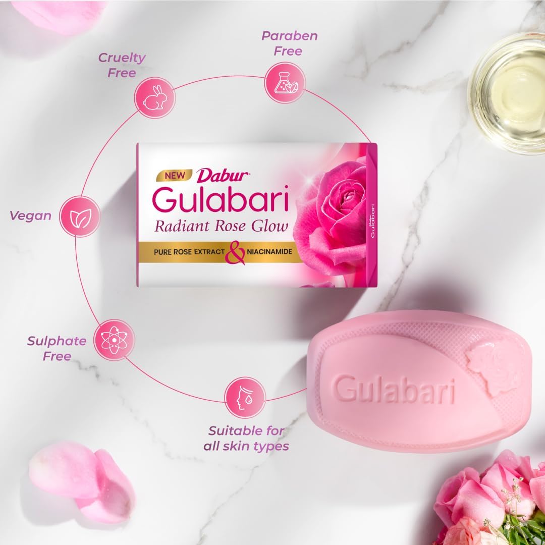 Dabur Gulabari Pure Rose Soap 150g (Pack of 4) | Moisturizing Bathing Soap for Radiant Glowing Skin & Body | Glycerine & Niacinamide | Long Lasting Fragrance | For Men & Women 3