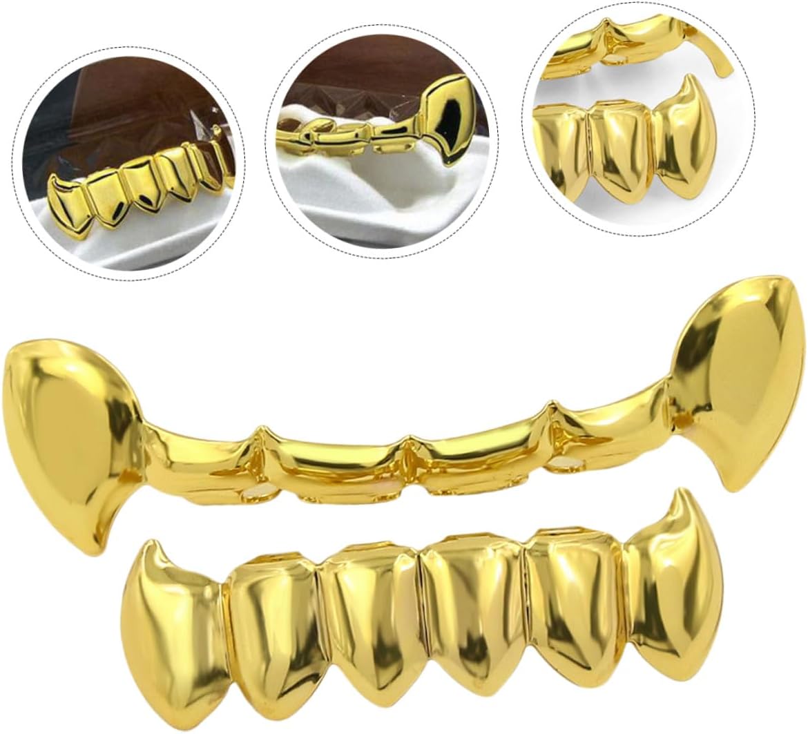 Hip Hop Fake Teeth Gold Grills Set Shiny Smooth Mouthpiece Punk Costume Accessory for Adults Halloween Party Decoration