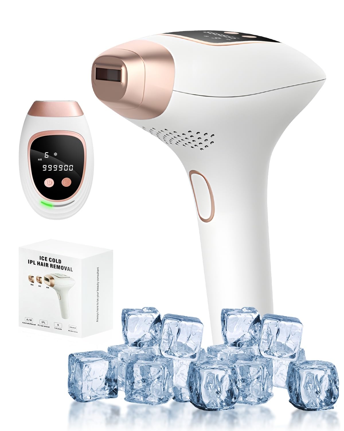 IPL Geräte Haarentfernung Laser mit Eisfunktion, 999,999 Lichtimpulse, 9 Energiestufen, HR/SC/RA, für Gesicht/Körper