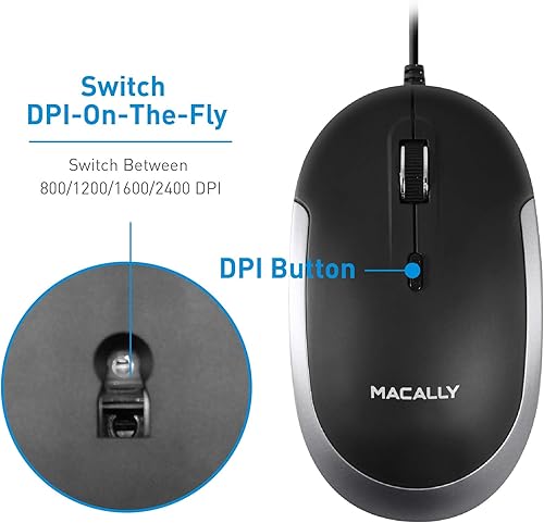 Miniatura 9 de Macally Ratón silencioso con cable Ratón USB delgado y compacto para Apple Mac o Windows PC portátilescritorio Diseñado con sensor óptico e