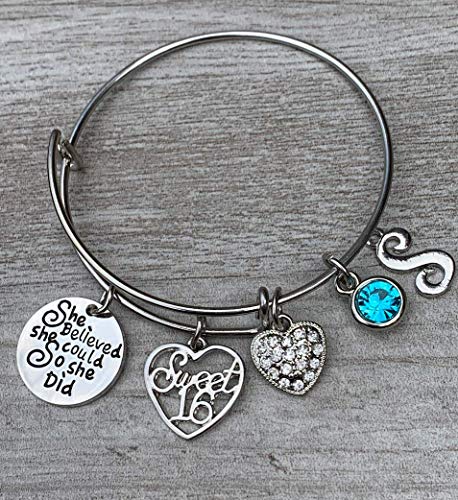 Personalized Sweet 16 She Believed She Could So She Did Birthstone and Initial Letter Charm Bangle Bracelet- Sweet 16 Jewelry - Sweet Sixteen Gift- Perfect Birthday Gift For Girls2