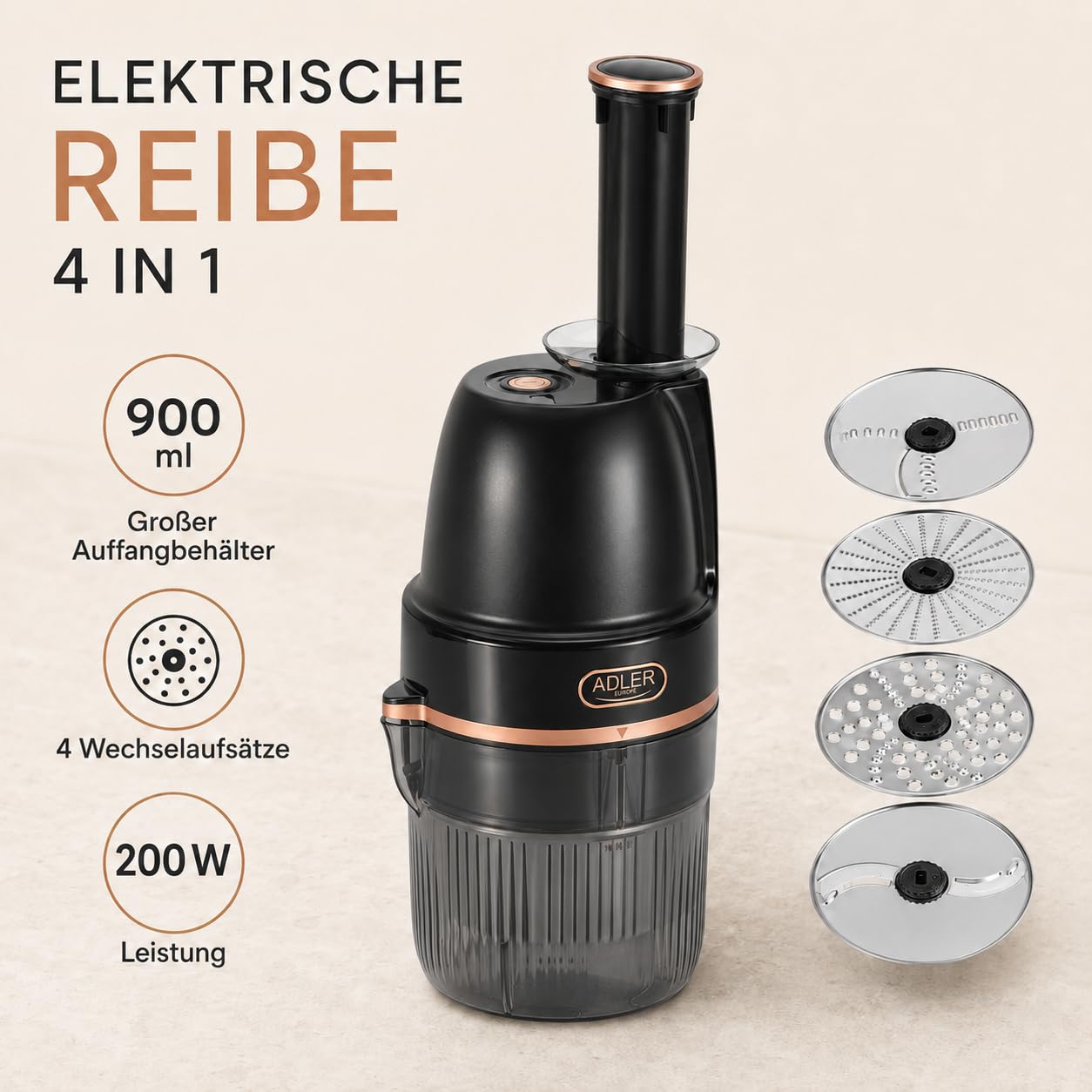 ADLER EUROPE Kompakt Elektrische Reibe 4-in-1 900ml - 4 Einsätze, 200W | Gemüse- und Obstreibe – für Kartoffeln, Zucchini, Obst und Nüsse, Pesto – Püree, Kartoffelpuffer – spülmaschinenfeste Teile