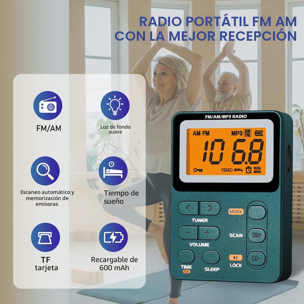 Radio portátil AM FM, altavoz de bolsillo recargable con la mejor sintonización digital de recepción, MP3, auriculares estéreo, pantalla LCD grande, toma de tarjeta TF, radio transistor para