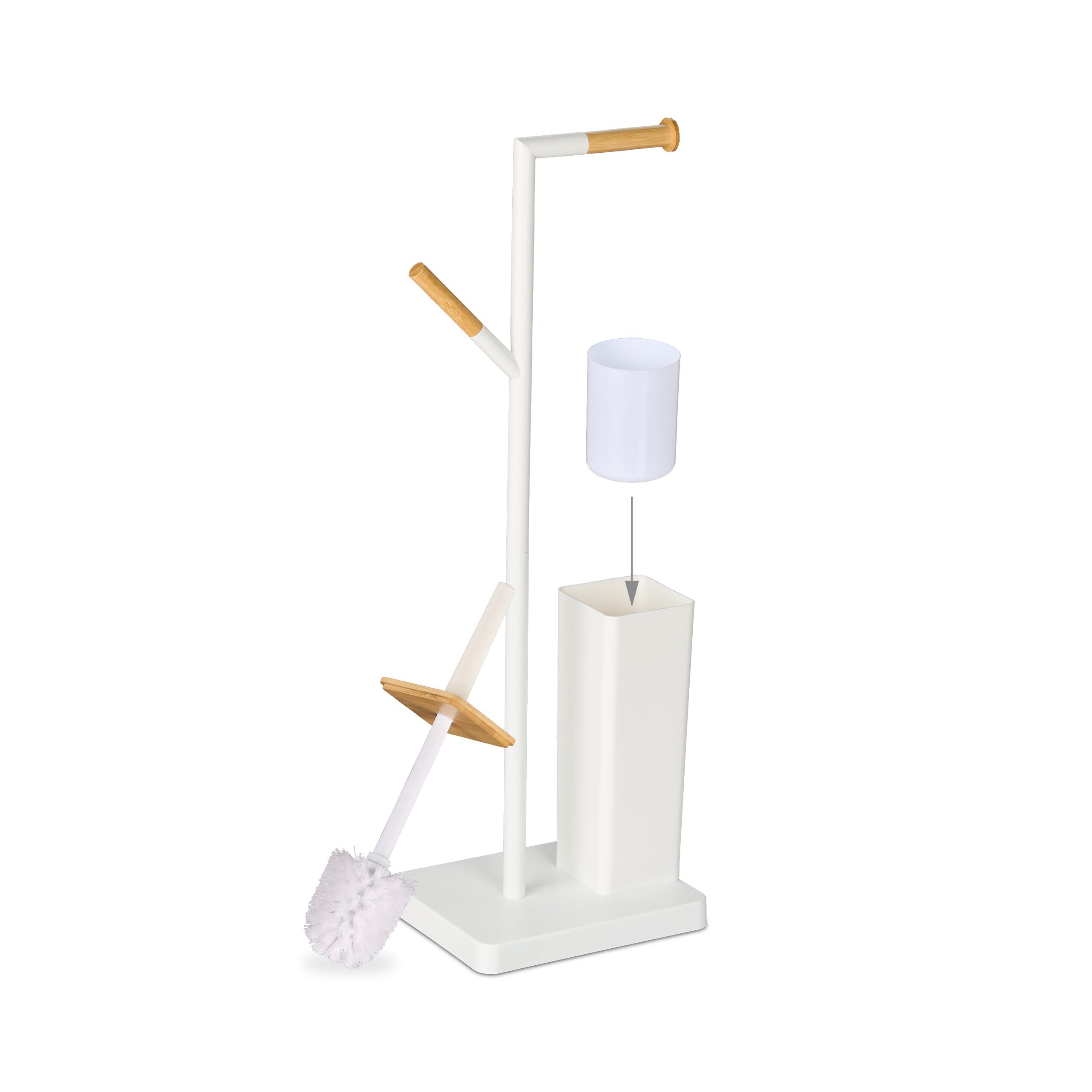 Relaxdays Piantana Portarotolo e Scopino, Portascopino Bagno, Porta Rotolo Carta Igienica di Scorta 71x23x18 cm, Bianco