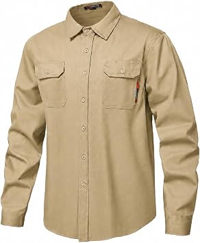 FR Shirt 7oz Fire Resistant Shirts Mens,CAT2 Welding Shirt 100% Cotton Flame Resistant Shirts Khaki 6X-Large