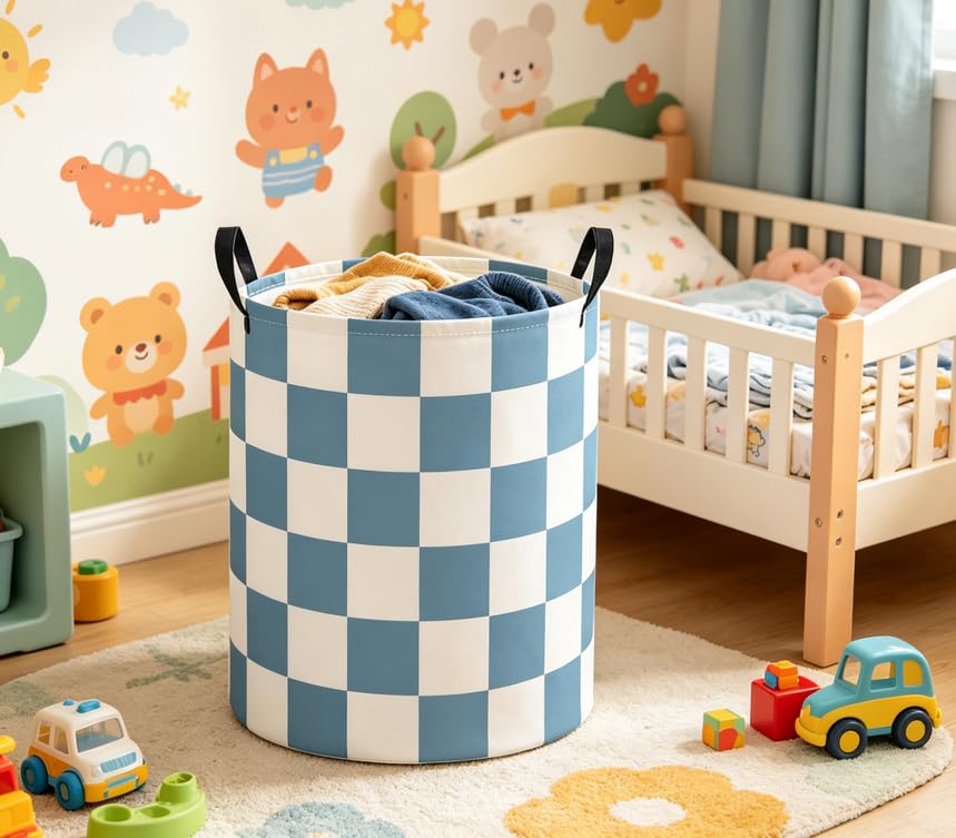 Image of Baby Laundry Basket Baby Nursery Hamper Kids Laundry Basket Toy Storage Bin for Boys Room Decor Gift Baskets for Bedroom Bathroom(Blue Checkered)