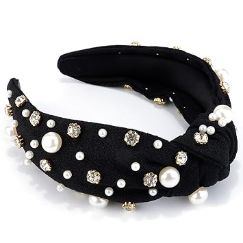AHONEY Pearl Knotted Headband for Women Girls, Rhinestone Top Knot Crystal Black Jeweled Fashion Headpiece Boho Wide Head Band for Womens Hair