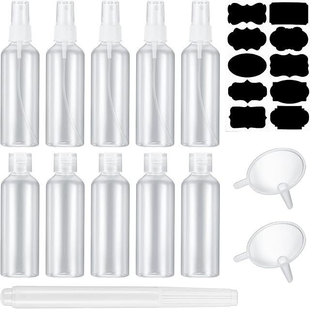 10 Pcs 100 ml Clear Travel Containers Bottles Set(5 x Flip Cap Bottles, 5 x Mist Spray Bottles), Transparent Travel Toiletries Bottles for Makeup, Travel, Toiletries, with 2 Funnels, 1 Label, 1 Pen