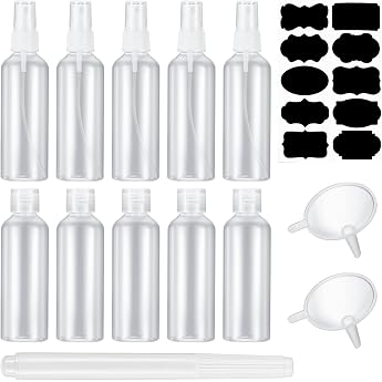 10 x 100 ml travel bottles set 5 x flip cap bottles 5 x fog spray bottles empty plastic bottles filling bottles for travel cosmetics with 2 funnels 1 label 1 pen