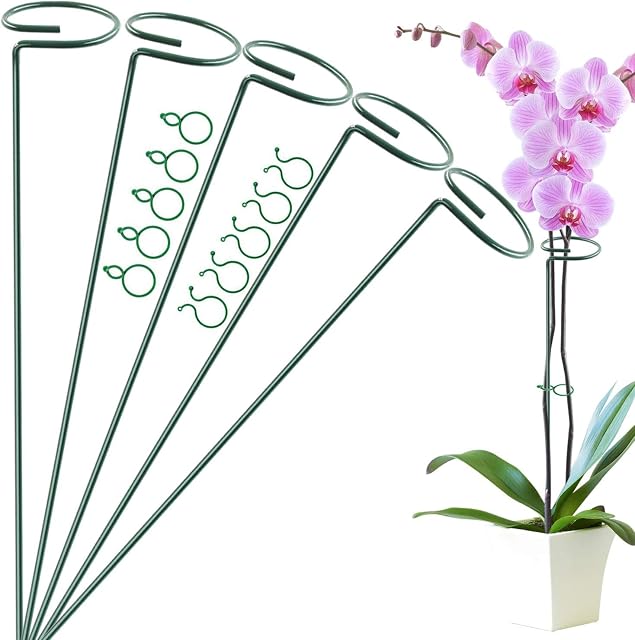 OMATSBEH 5 Pack 40 cm 16 inch Plant Support Stakes, Garden Single Stem Support Stake Amaryllis Plant Cage Support Rings with 10 pcs Plant Clips for Tomatoes Orchid Lily Peony Rose Flower Stem (40 CM)