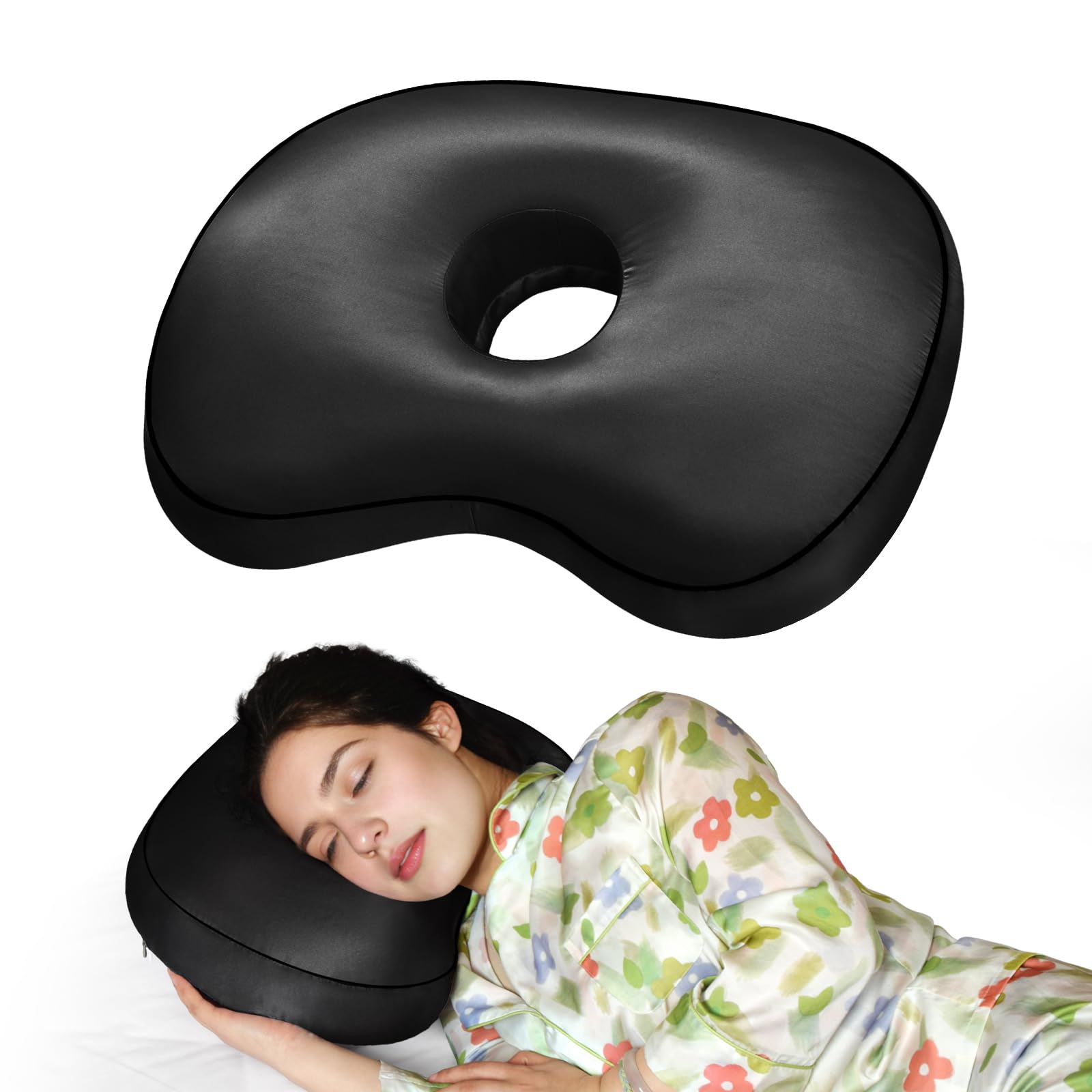 Nockovi Black Ear Piercing Pillow - Side Sleeper Support with 3.5" Ear Hole Relief, Hypoallergenic Velvet Orthopedic Pillow for Healing Piercings