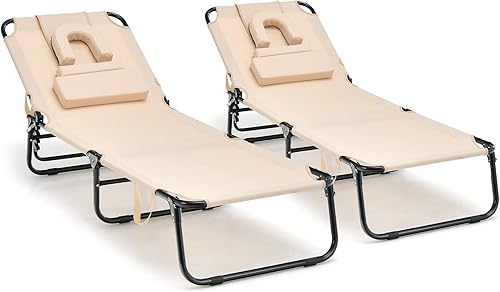 Tangkula Sillón de playa, reclinable plegable para tomar el sol con agujero frontal, silla de bronceado boca abajo con respaldo ajustable de 5