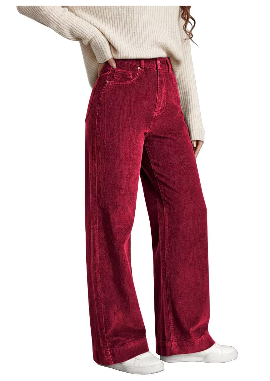 Corduroy Pants Women Straight Leg Pants for Women Trendy Casual Elastic High Waisted Winter Trousers with Pockets