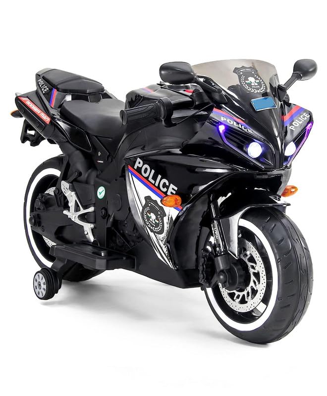 SRECAP 12V Battery Operated Ride on Bike for Kids of Age 2.5 to 8 Years Electric Rechargeable Kids Bike with Hand Race, Music, Led Lights - Black