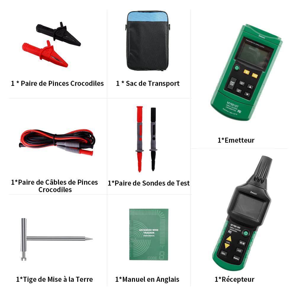 Seesii Localisateurs de Tuyaux Détecteur de Câble Électrique Détecteur de Tuyau Multifonction Recherche Testeur de Câble (MY6818)