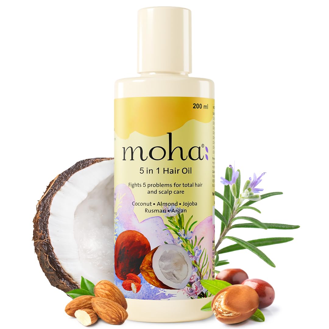 - Moha 5-In-1 Ayurvedic Hair Oil with Blend of Rosemary, Coconut, Argan, Jojoba & Almond for Improvement in Hair Growth & Reductiond in Dandruff | Ayurvedic Hair Oil for Hair Loss, Breakage, Frizzy & Hair Thinning | Add Shine, Softens Hair, Damage Protection, Non-Sticky, Lightweight & Strengthening | Clinically Proven for 63% Reduce in Hair Fall - 200 Ml (Pack of 1)