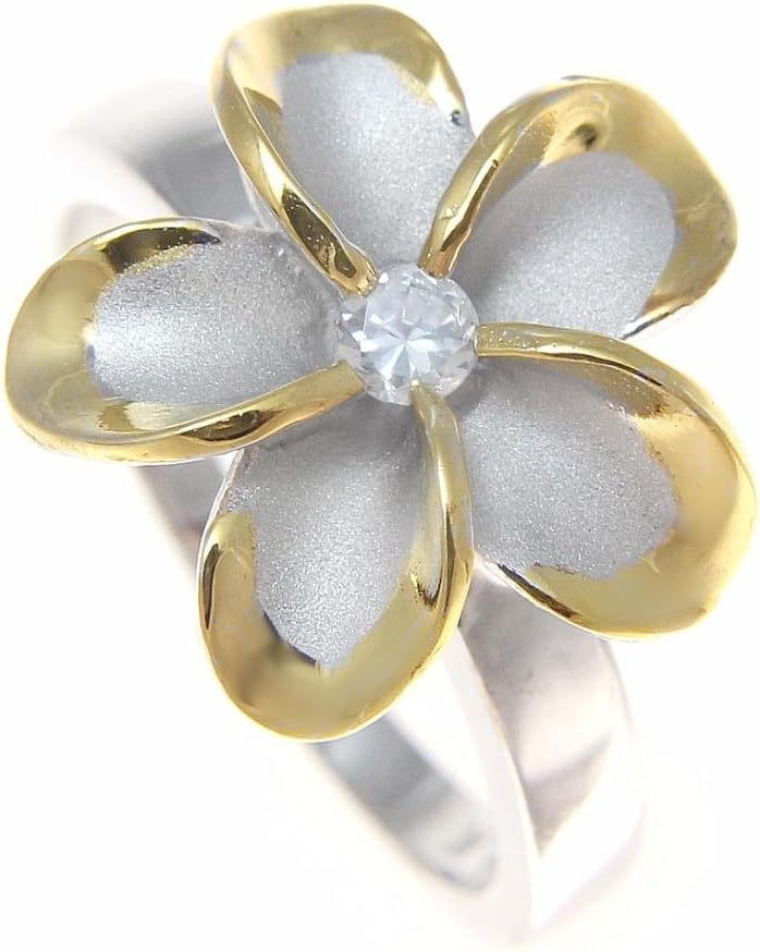 Arthur's Jewelry Sterling silver 925 Hawaiian plumeria flower cz ring 15mm rhodium and yellow gold plated 2 tone size 3 to 10