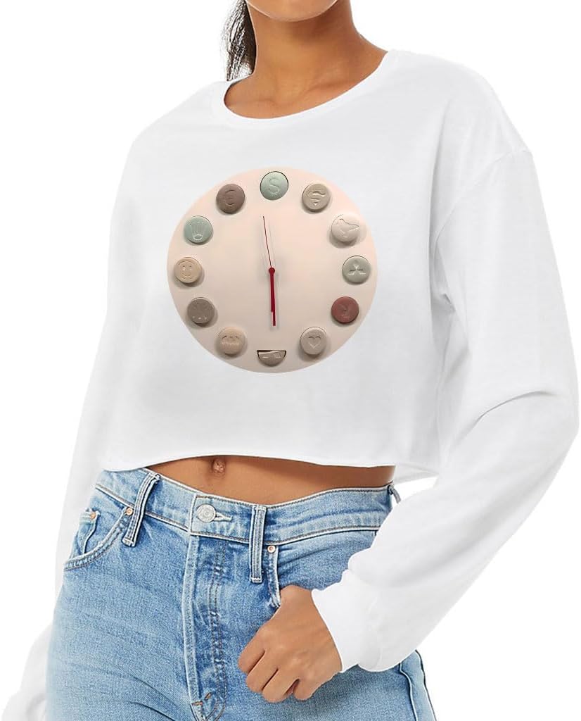 Clock Design Cropped Long Sleeve T-Shirt - Trendy Design Apparel - Creative Design Clothing