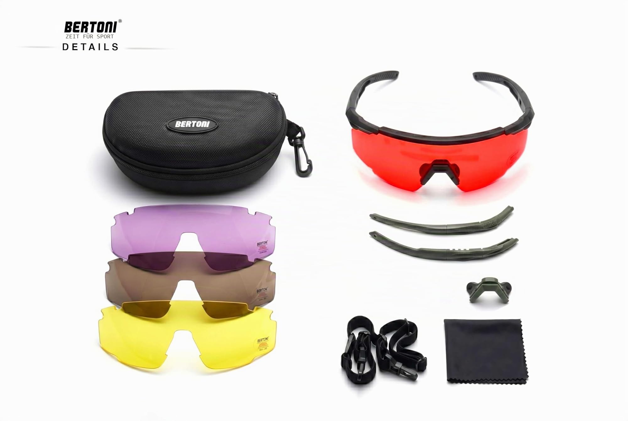 BERTONI Schießbrille mit 4 Wechselgläser mit Tragetasche und Zusätzliches Bügel - SH890N Ballistische Schutzbrille Sportbrillen Für Herren und Damen